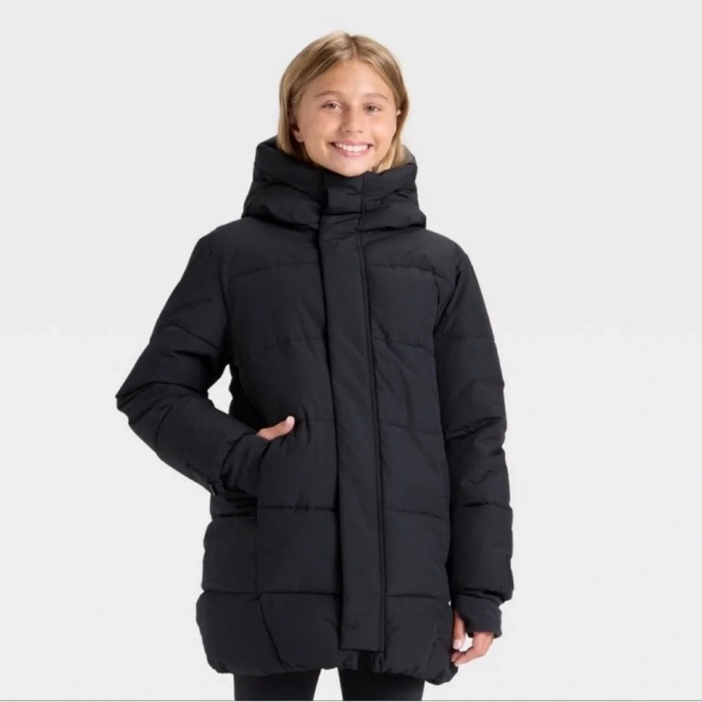 All In Motion Girls Hooded Mid-Length Puffer Jacket - Black Large (10/12) NWOT